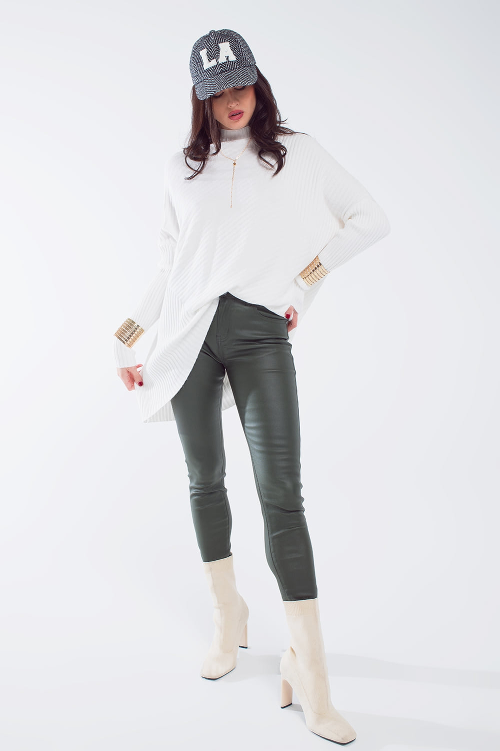 pantalon super skinny à effet simili-cuir vert olive