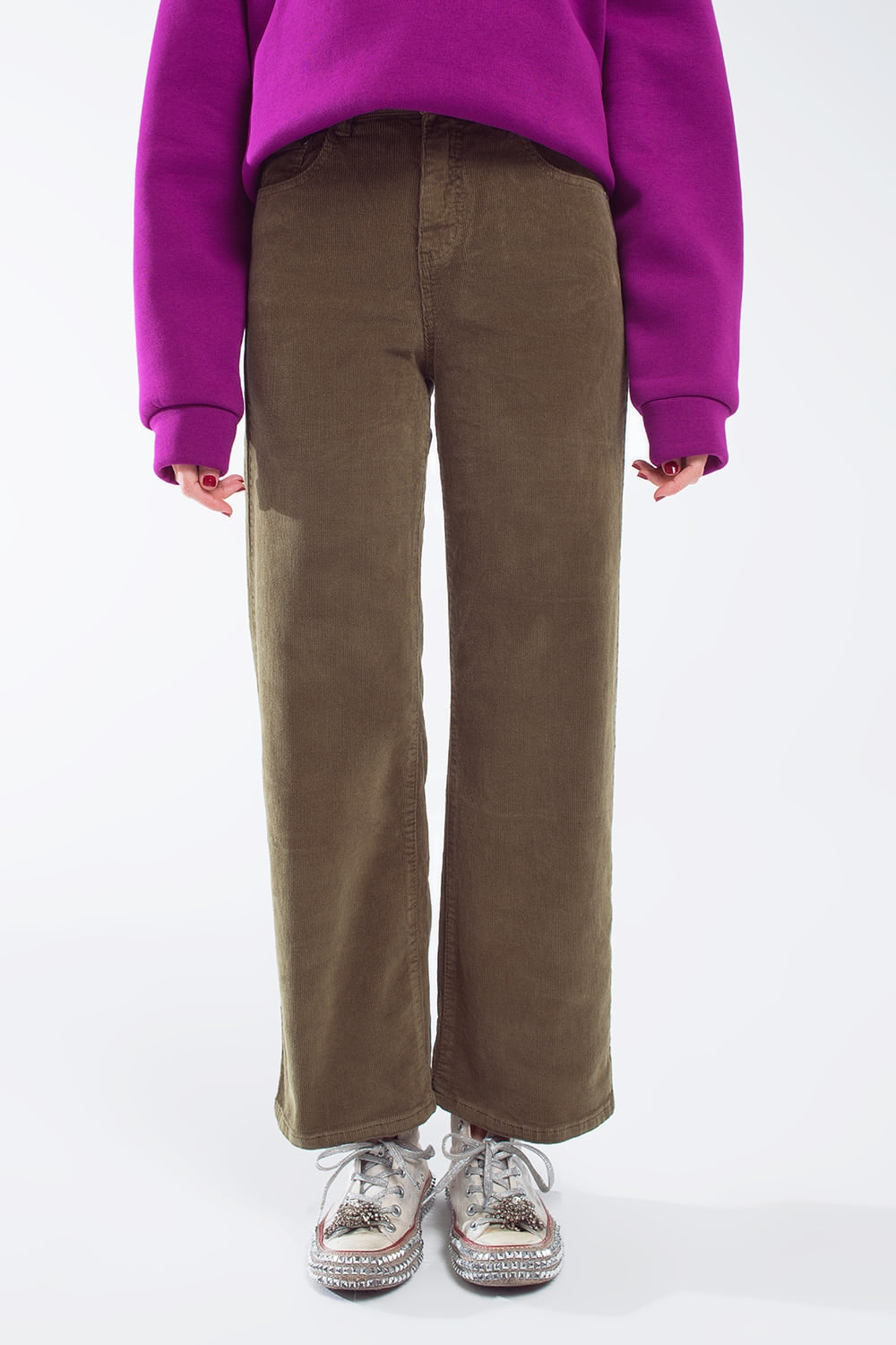 Pantalon raccourci en velours côtelé kaki