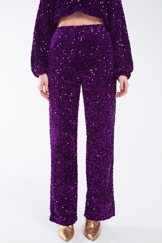 Pantalon large à paillettes avec poches latérales en violet
