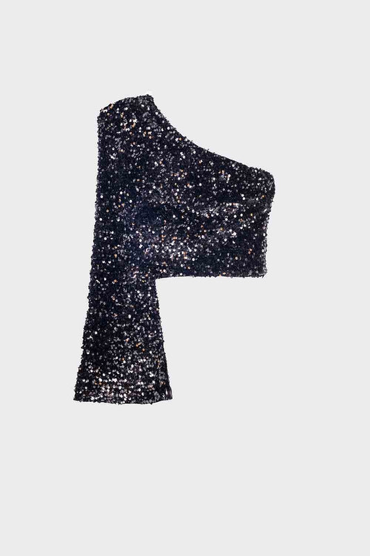 Top pailleté à une épaule en noir