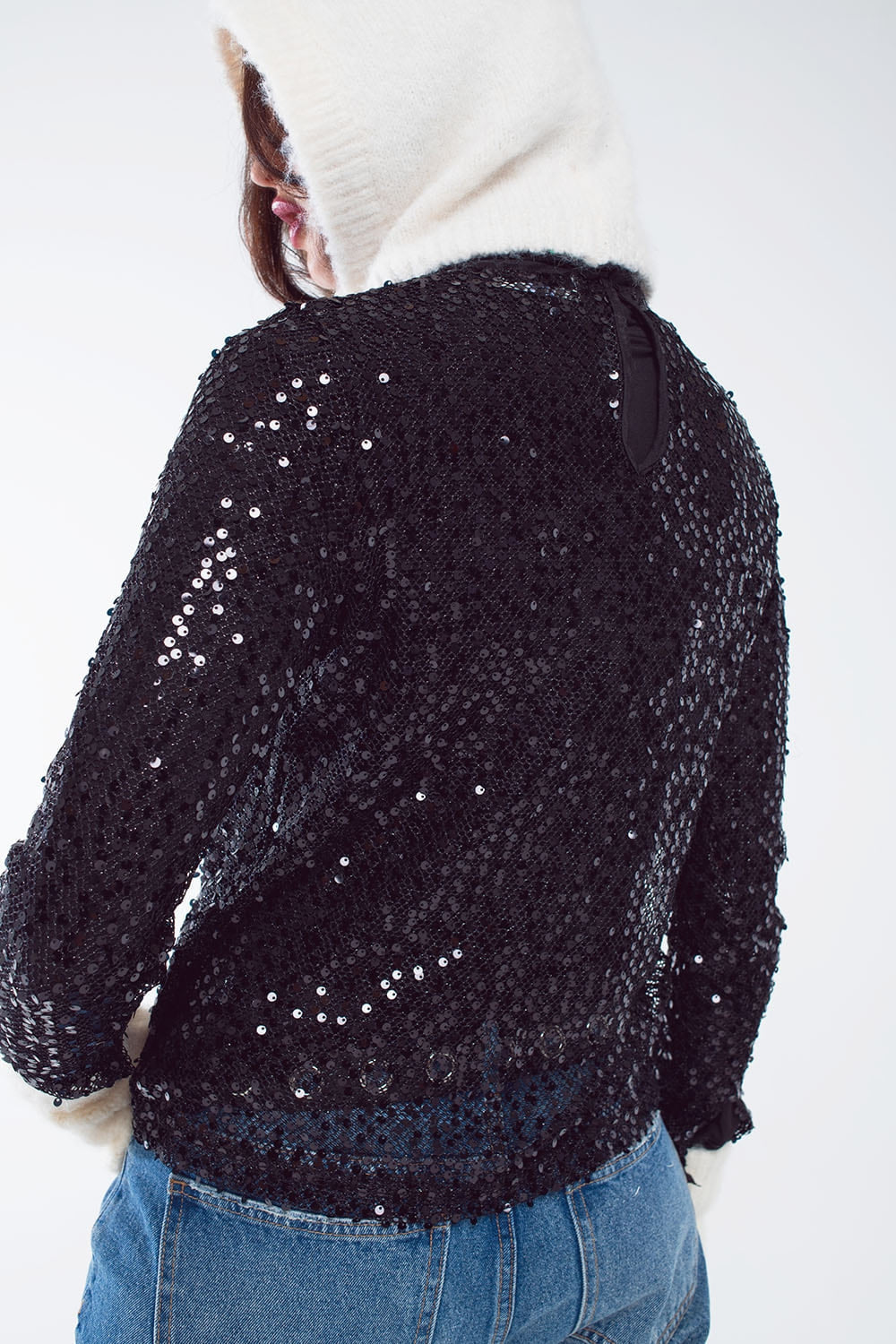 Top à paillettes à manches longues en noir