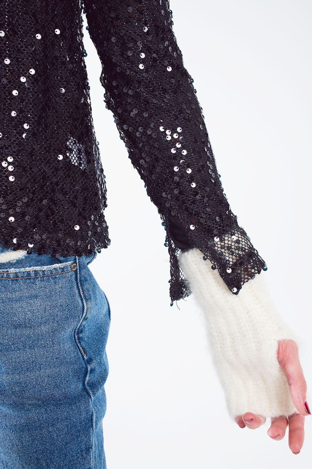 Top à paillettes à manches longues en noir