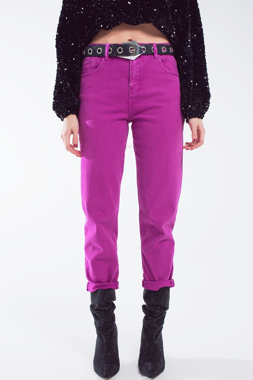 Jean slouchy à taille moyenne en coton Magenta