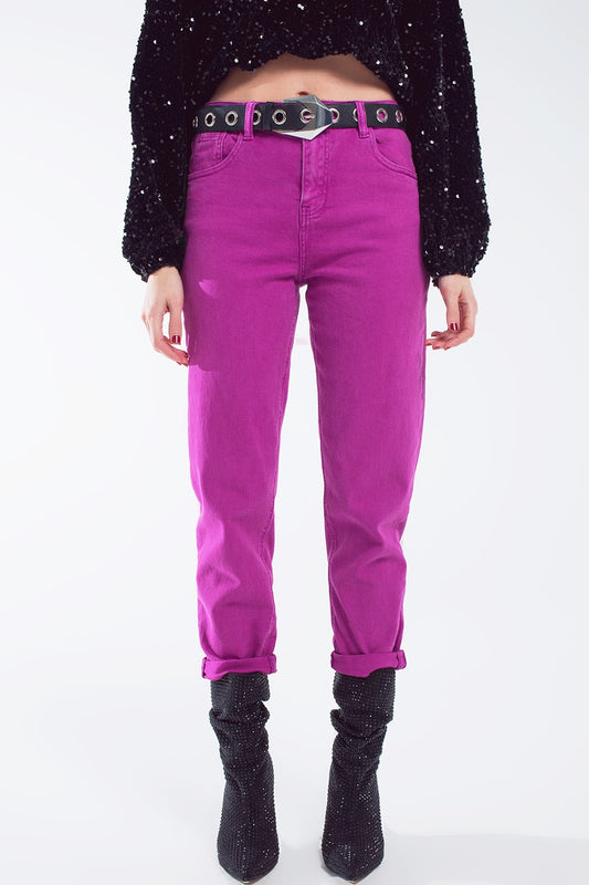 Jean slouchy à taille moyenne en coton Magenta