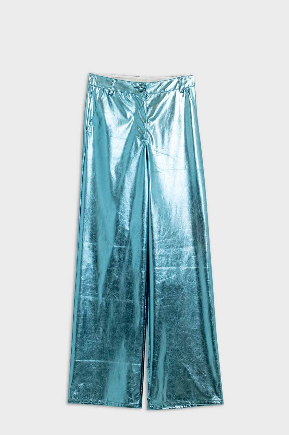 Pantalon droit métallisé en bleu