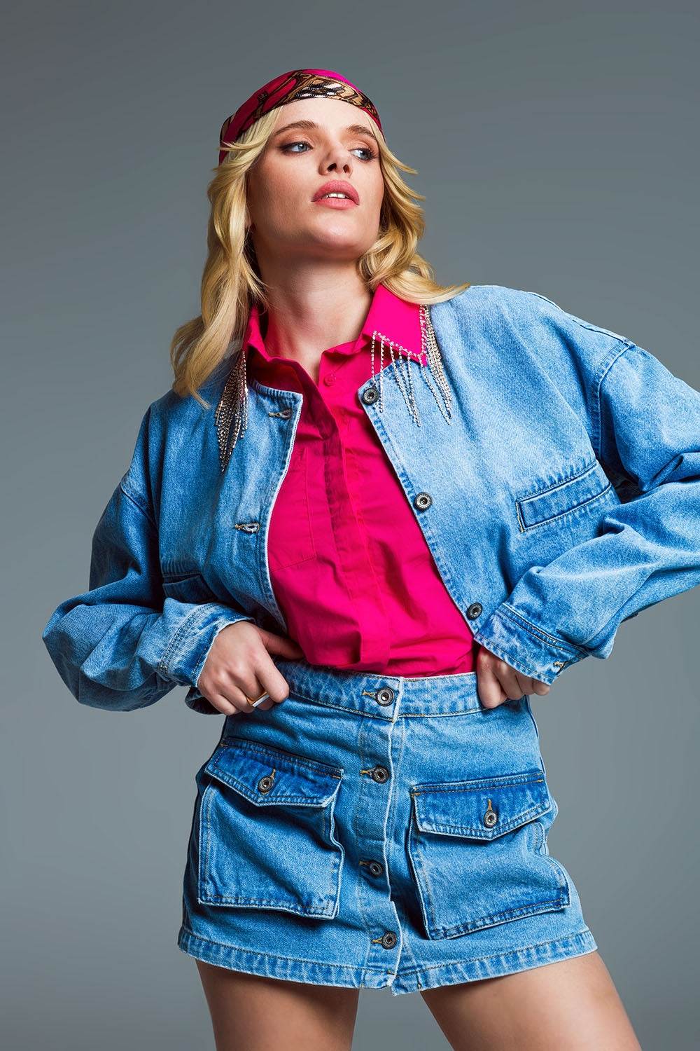 veste en denim décontractée avec poches passepoilées sur la poitrine en délavage léger