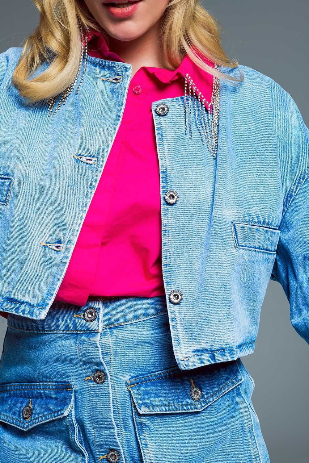 veste en denim décontractée avec poches passepoilées sur la poitrine en délavage léger