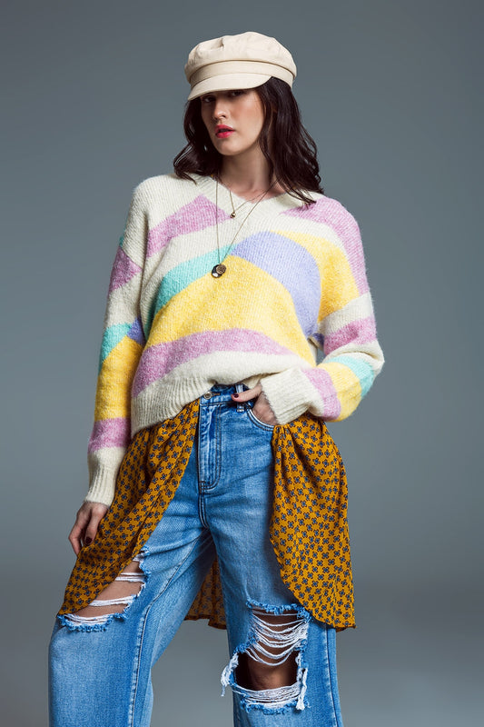 Pull décontracté à encolure en V Beige avec des rayures abstraites dans des couleurs pastel