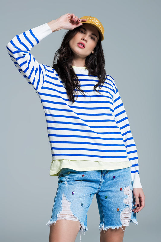 Pull ras du cou à rayures basiques en bleu