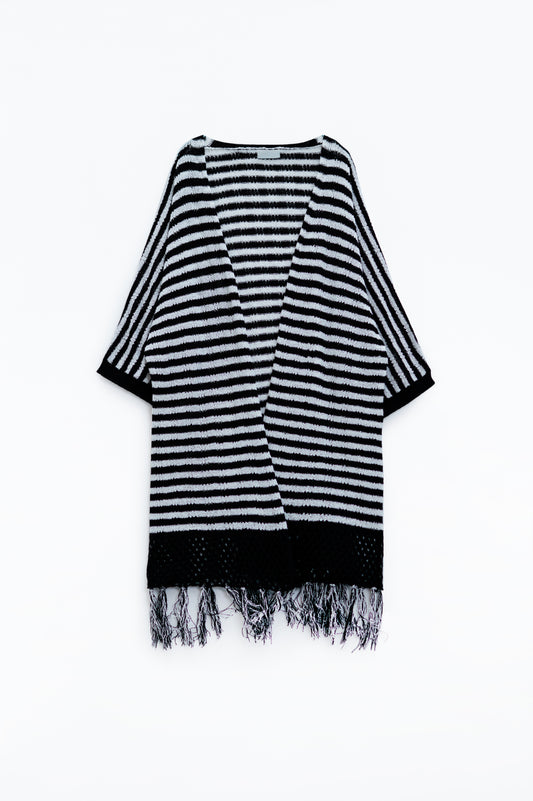 Cardigan noir de style bohème en maille pointelle à rayures et détails à franges