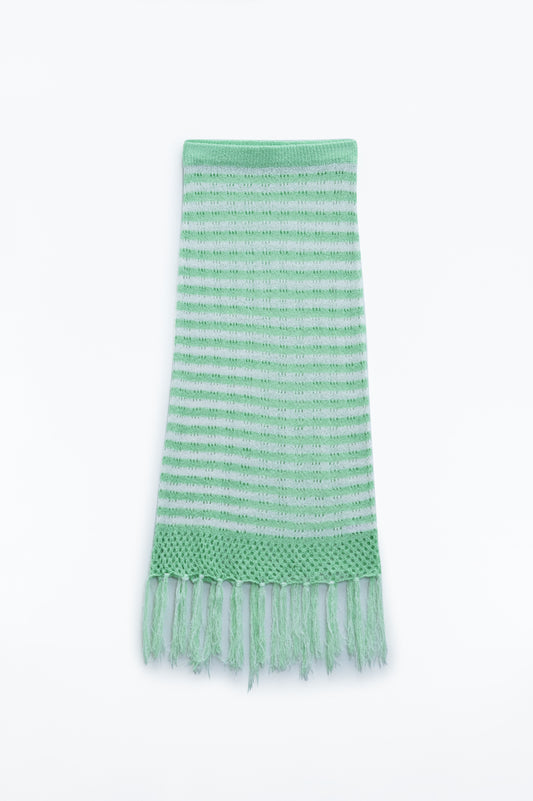 Jupe midi en crochet blanche à rayures vertes et ourlet à franges