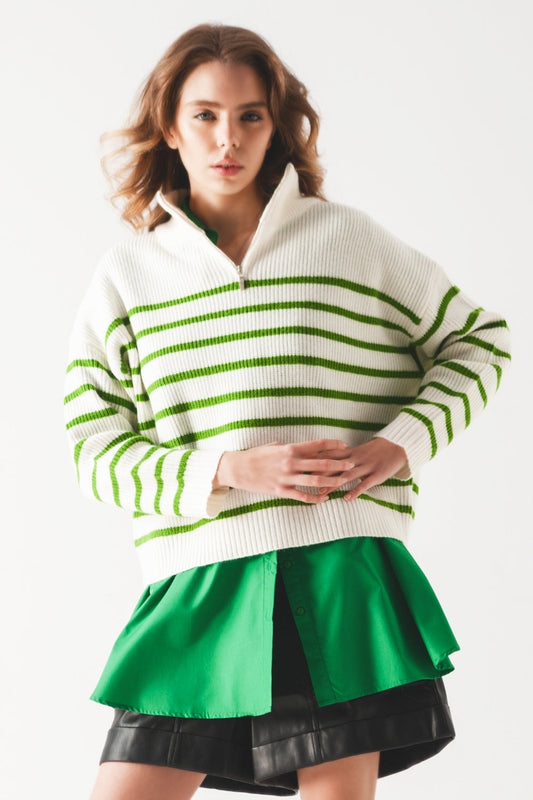 Pull rayé à col zippé en vert