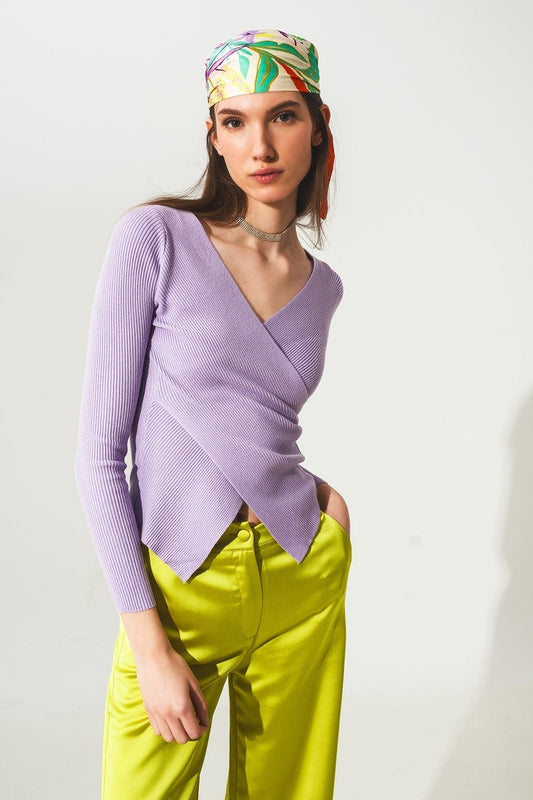 Pull violet côtelé à col en V