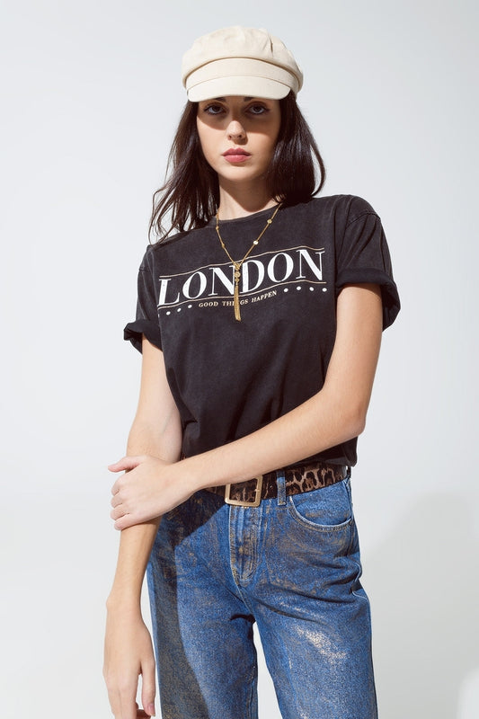 T-shirt à coupe décontractée en noir lavé avec logo londonien