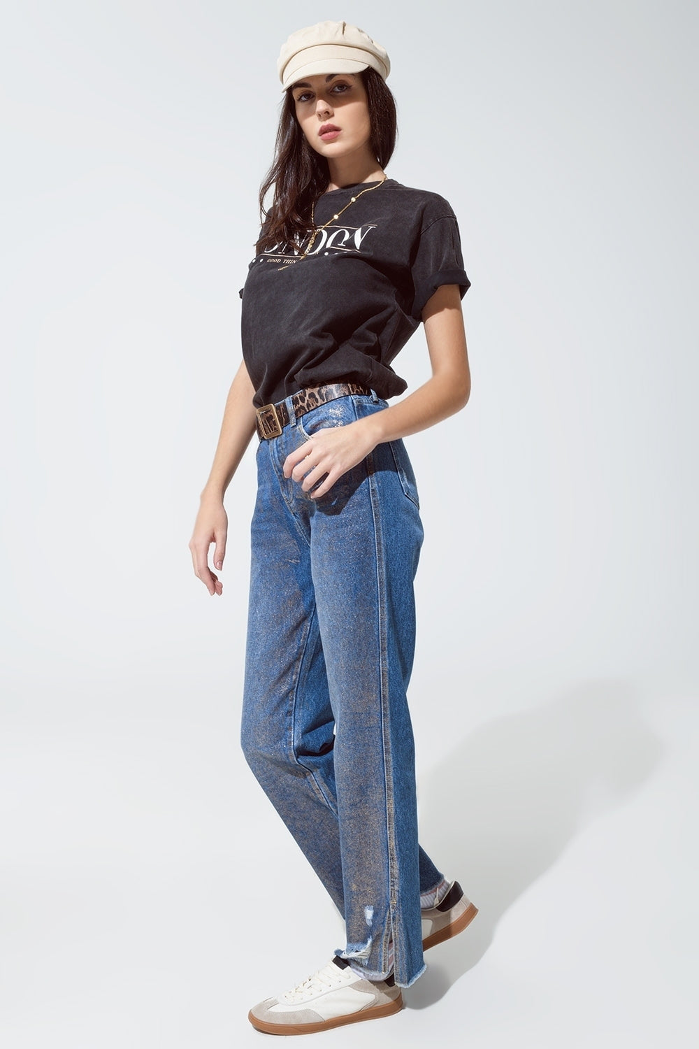 T-shirt à coupe décontractée en noir lavé avec logo londonien