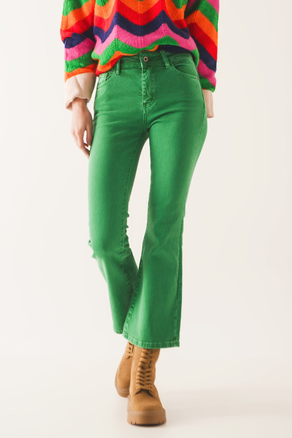 Jean flare taille haute en vert