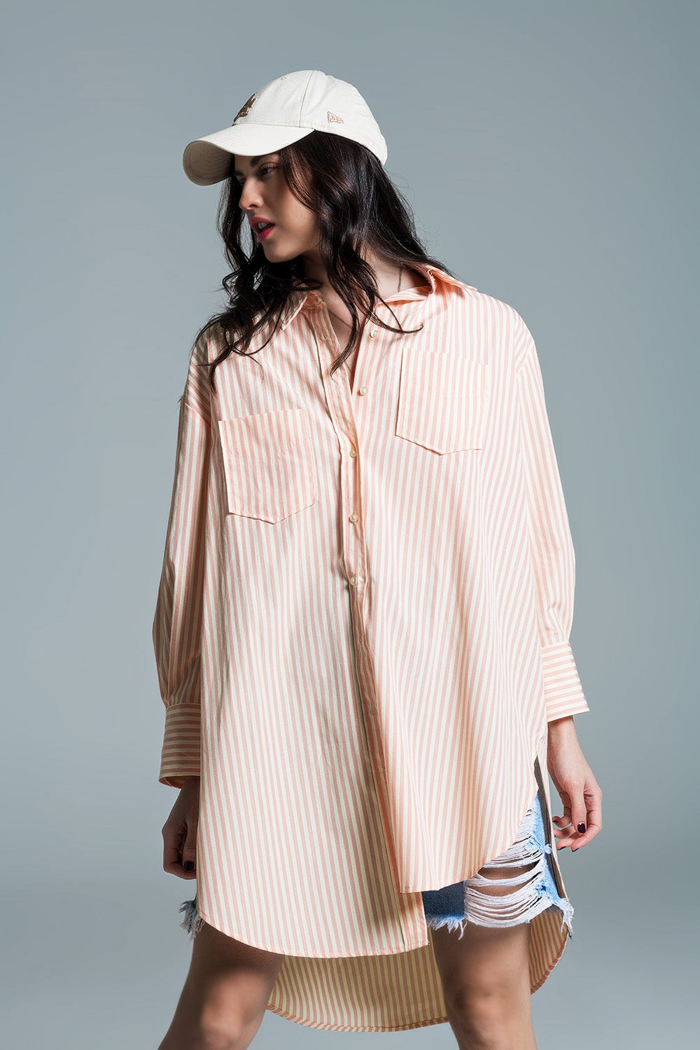Chemisier oversize orange clair à rayures blanches