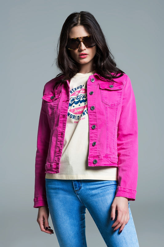 Veste en jean basique avec poches en rose