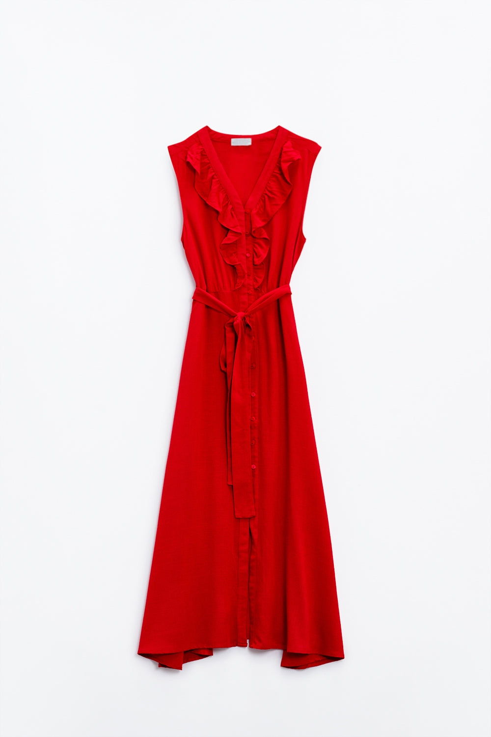 longue robe rouge à volants et boutons