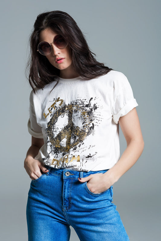 T-shirt à manches courtes avec motif graphique Peace Sign sur le devant en crème