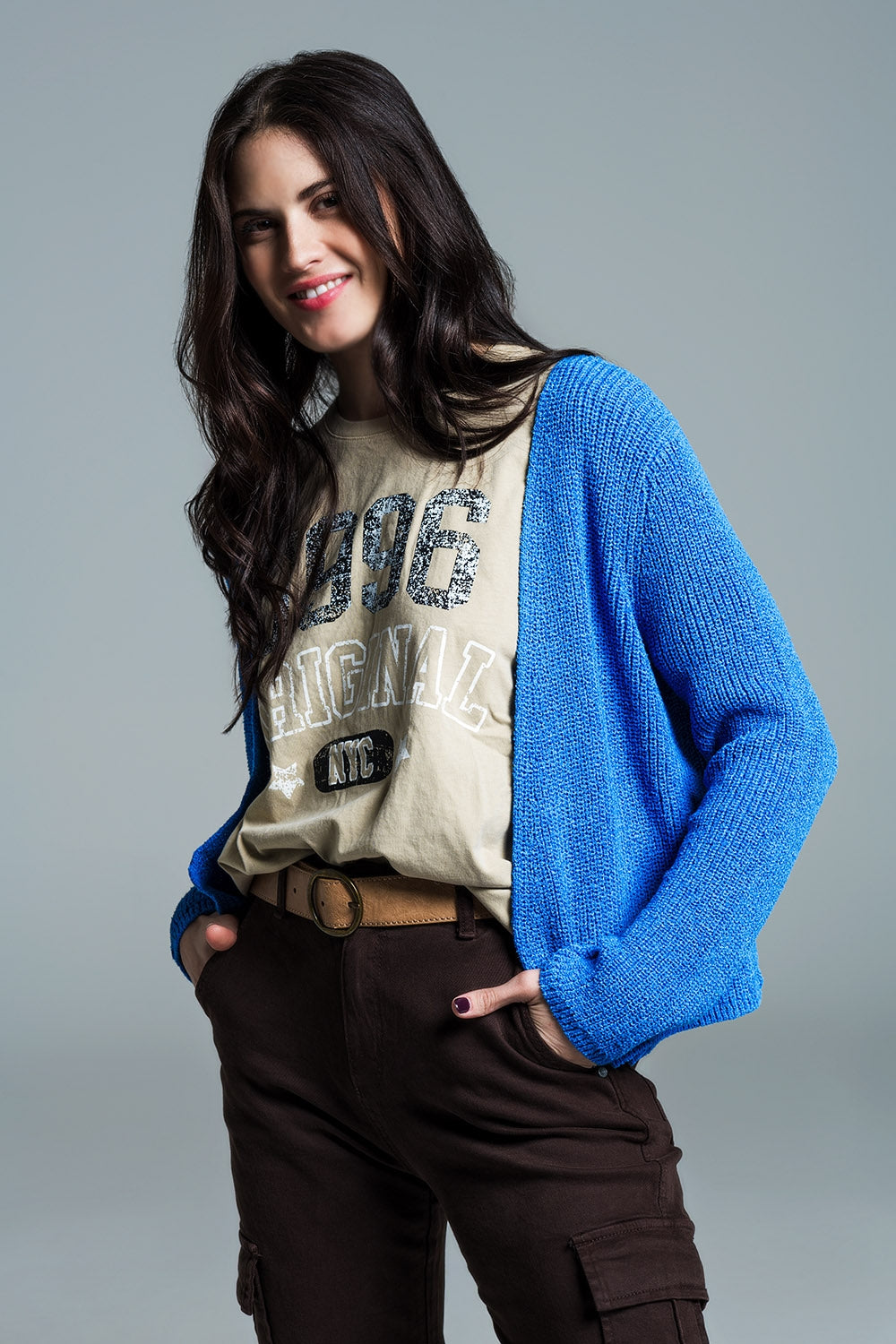 Cardigan bleu ouvert en tricot léger ouvert