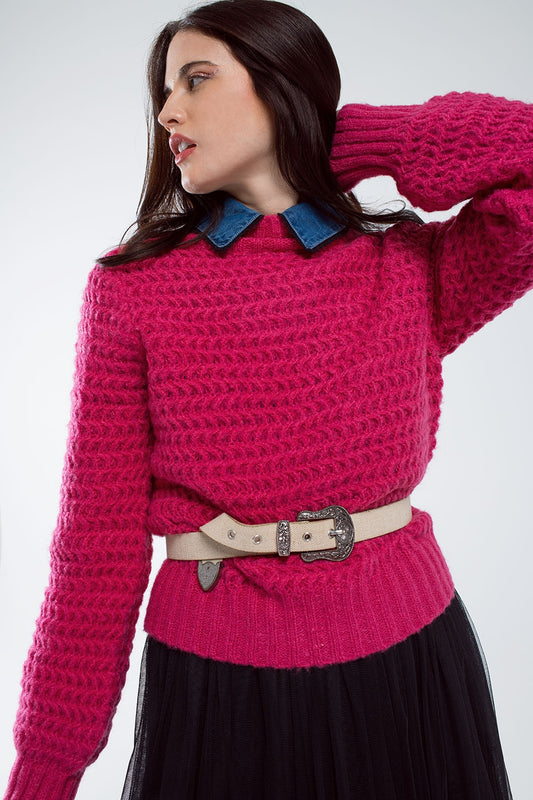 Pull décontracté en tricot gaufré à col montant en rouge