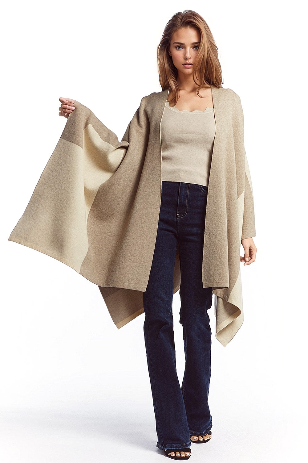 Poncho asymétrique en brun clair et brun foncé