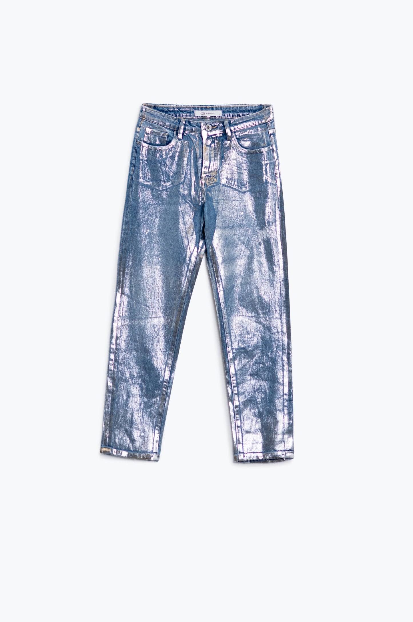 Jean bleu skinny avec finition métallique en délavage léger