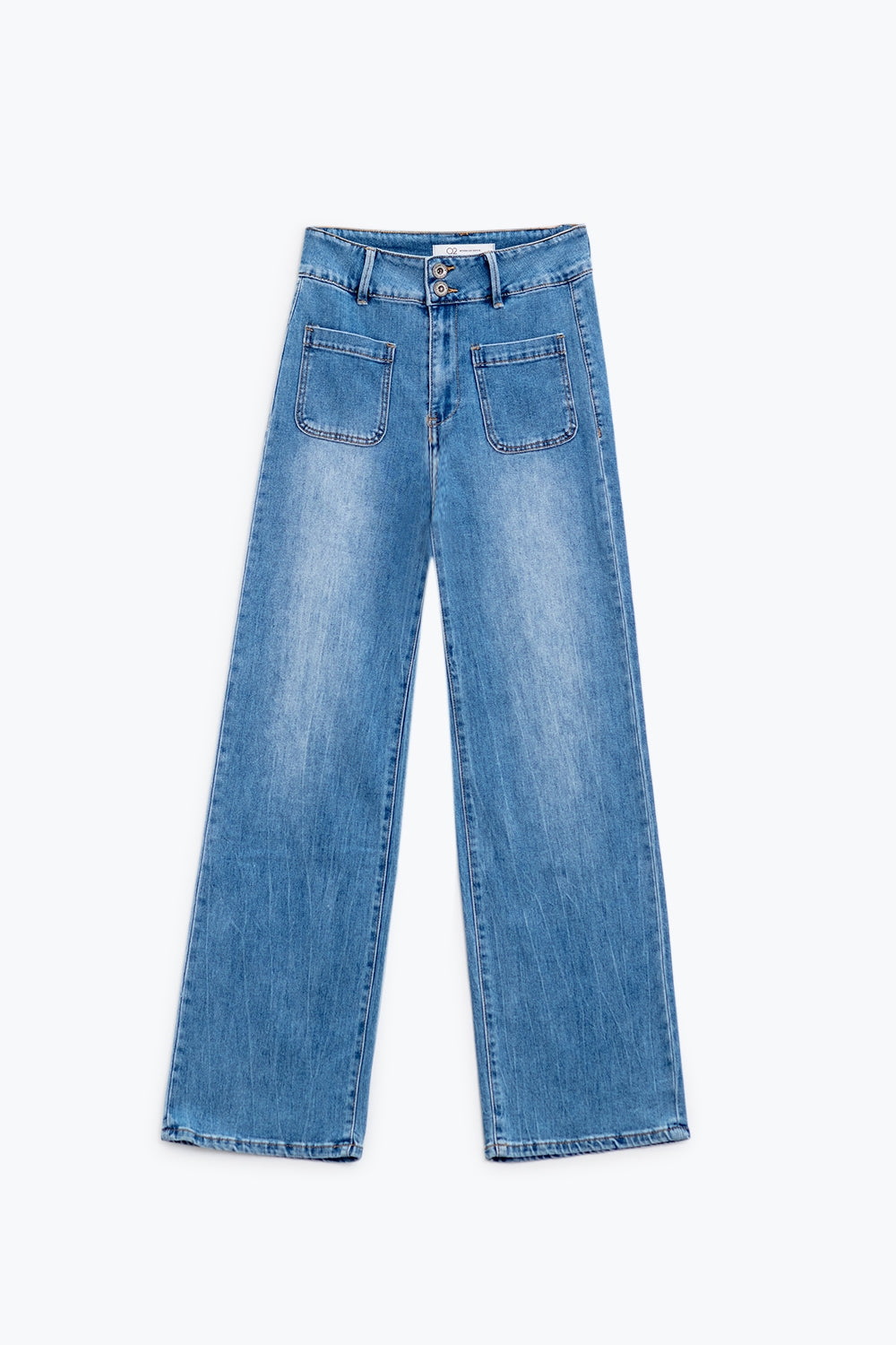 Jeans jambes larges avec fermeture frontale par boutons métalliques et poches frontales