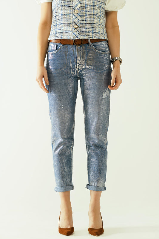 Jean bleu skinny avec finition métallique en délavage léger