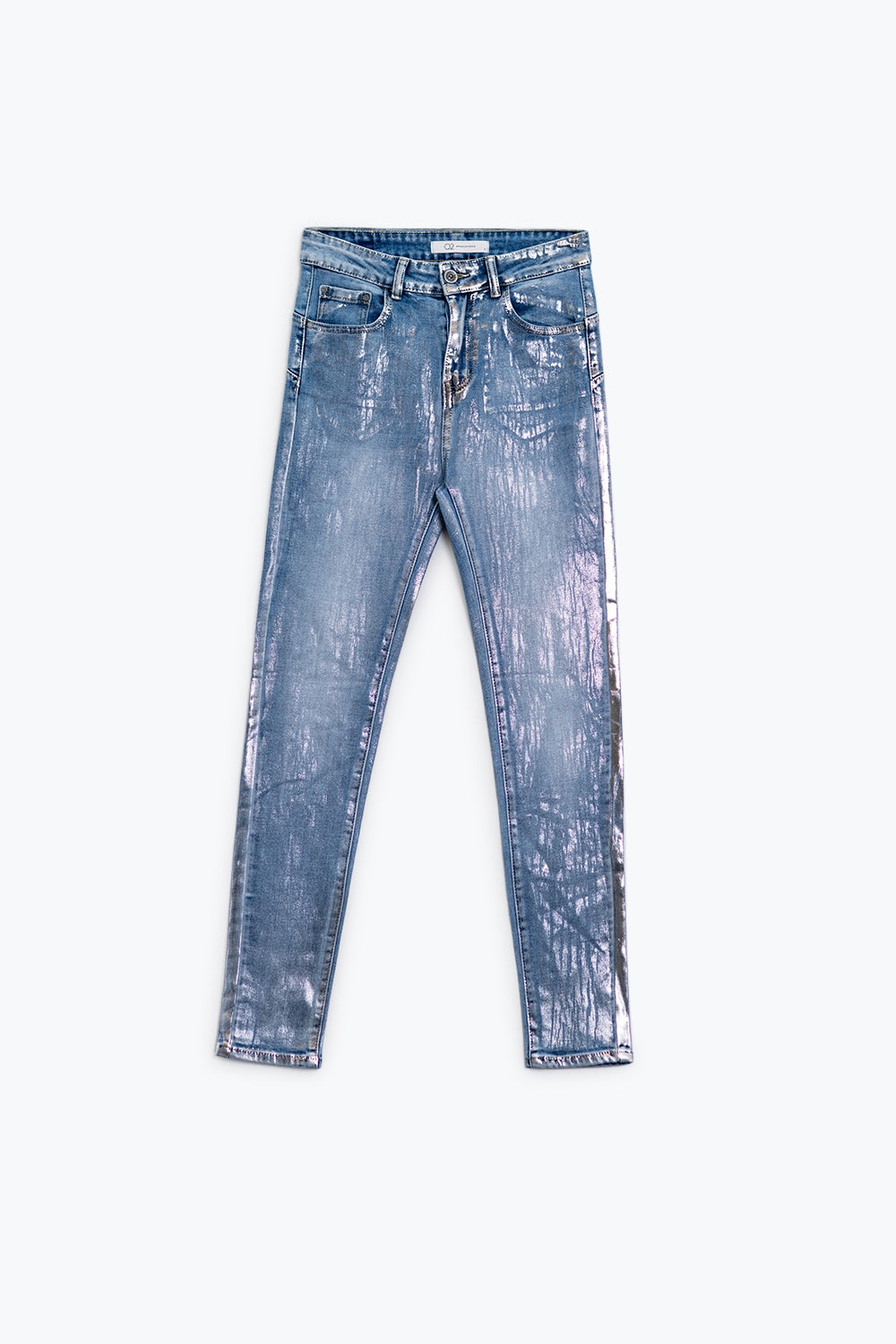 Jean taille haute à cinq poches avec effet poudré argenté