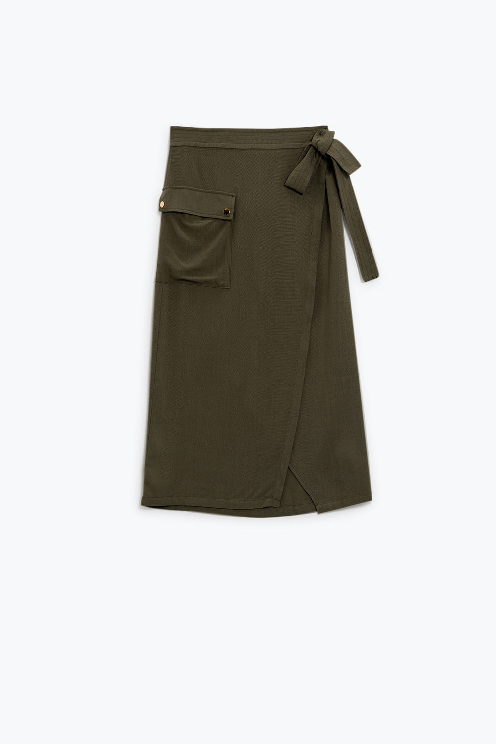 Jupe mi-longue kaki avec une poche et un détail de dentelle
