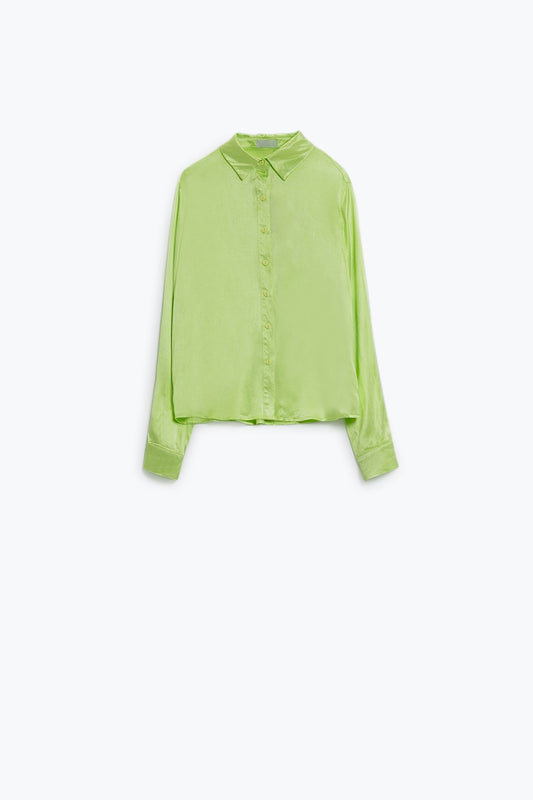 Chemisier satin boutonné à manches longues avec col polo de couleur citron vert