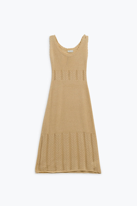 Robe midi sans manches en maille beige à col rond