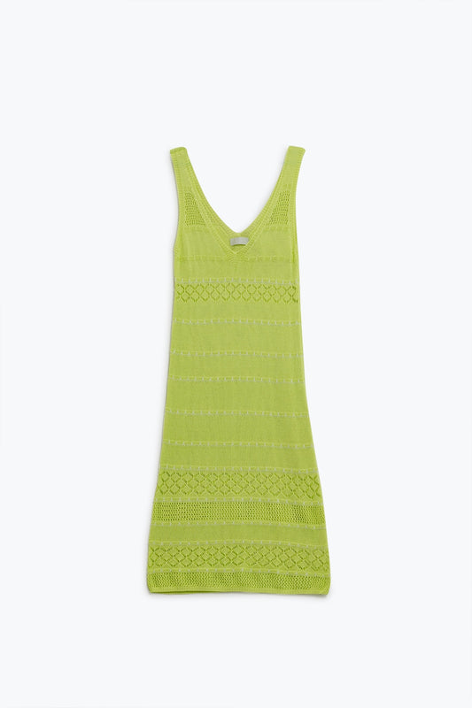Robe midi sans manches vert citron avec col en V et design en crochet