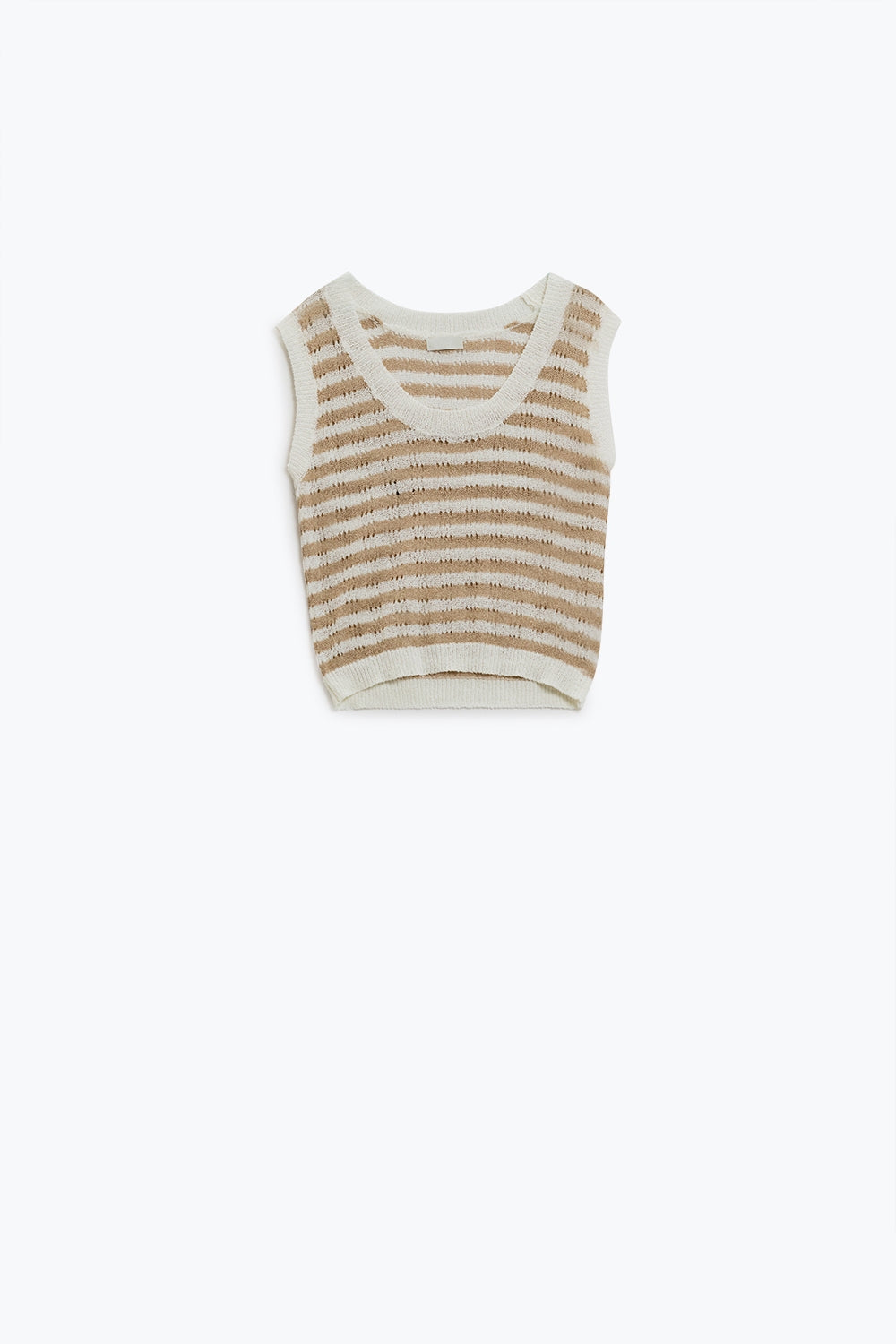 Pull sans manches à rayures en tricot ouvert en brun et blanc