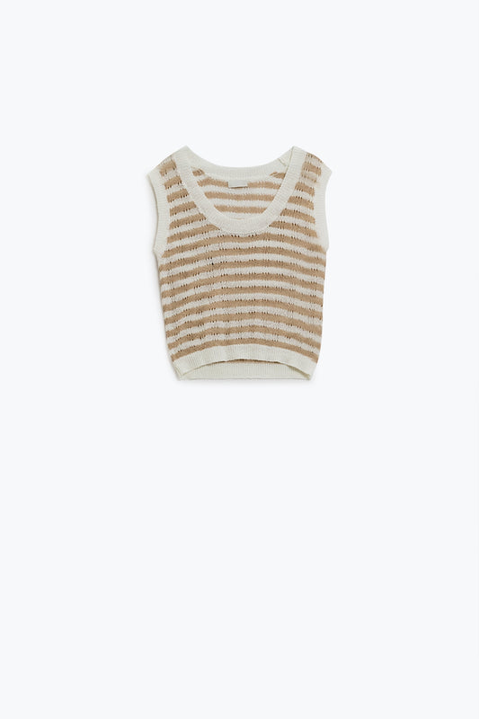 Pull sans manches à rayures en tricot ouvert en brun et blanc