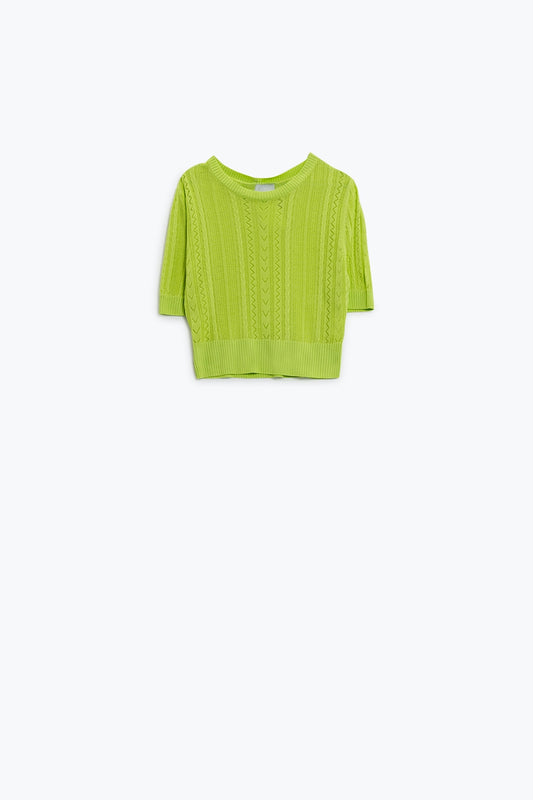 Pull-over vert à manches 3/4 avec détails de rayures en zig-zag