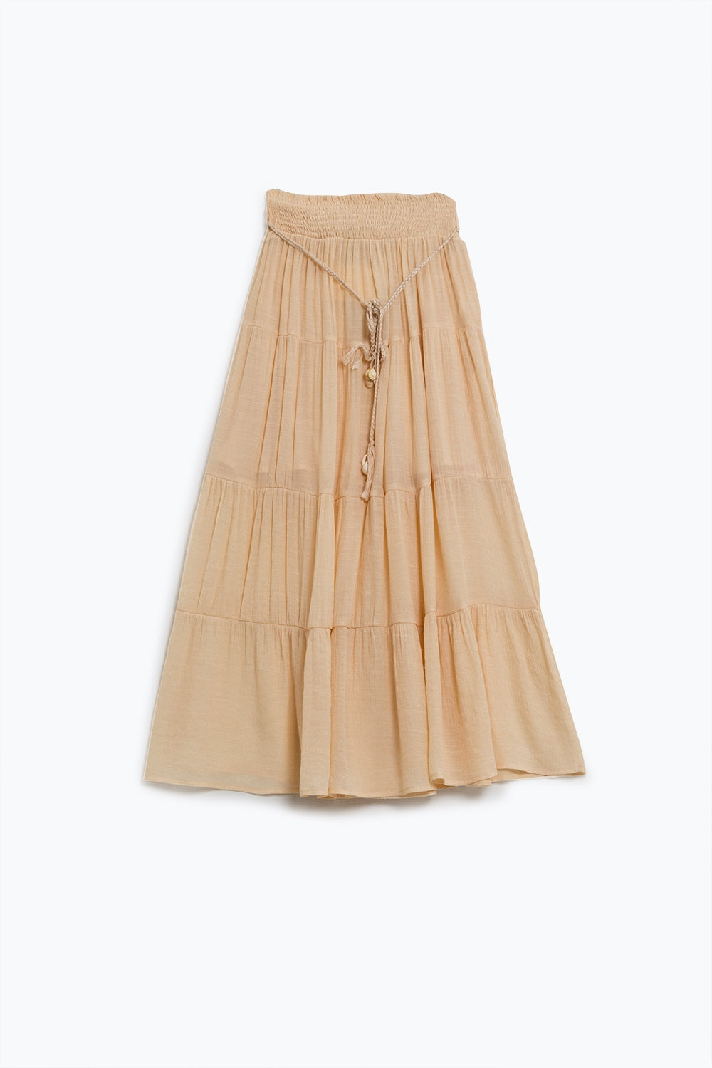 Jupe longue à pinces en beige avec taille élastique et détails en coquillage
