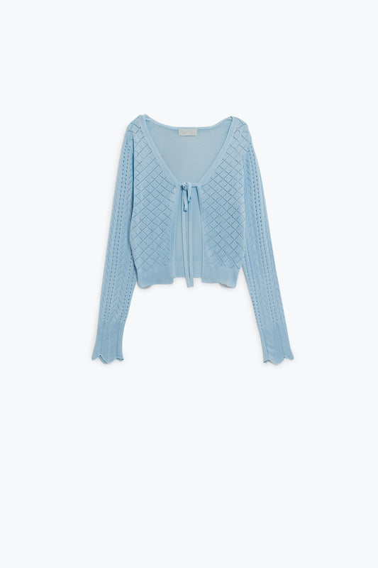 Cardigan bleu bébé avec imprimé Argyle et fermeture à cravate