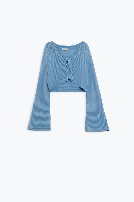 Cardigan long en maille à manches cloche en bleu avec détails de nœuds