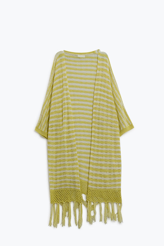 Cardigan jaune de style bohème en maille pointelle à rayures et détails à franges