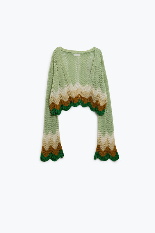 Cardigan court en maille avec manches d'ange et vagues multicolores en vert