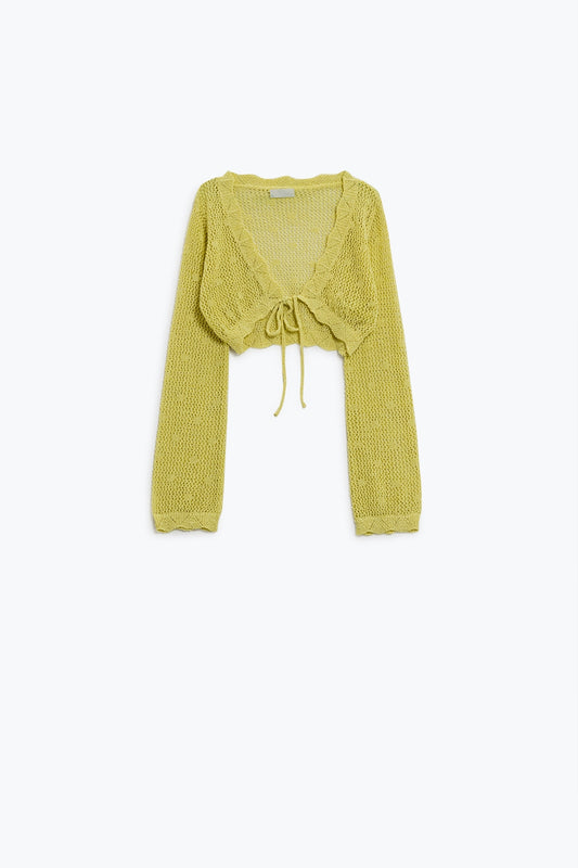 Cardigan court en crochet jaune avec détails en lurex