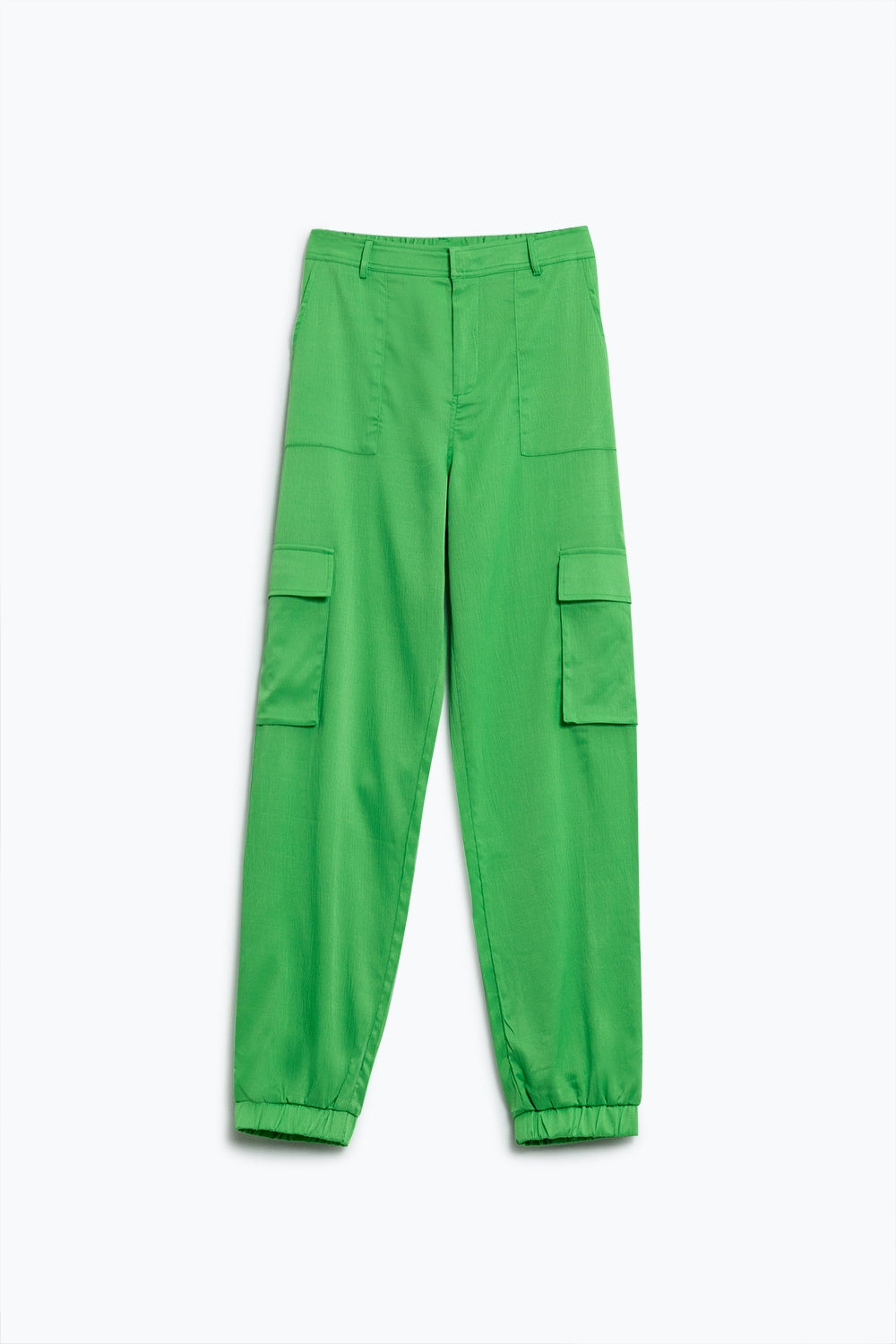 Pantalon vert satin avec poches latérales et anneaux de ceinture
