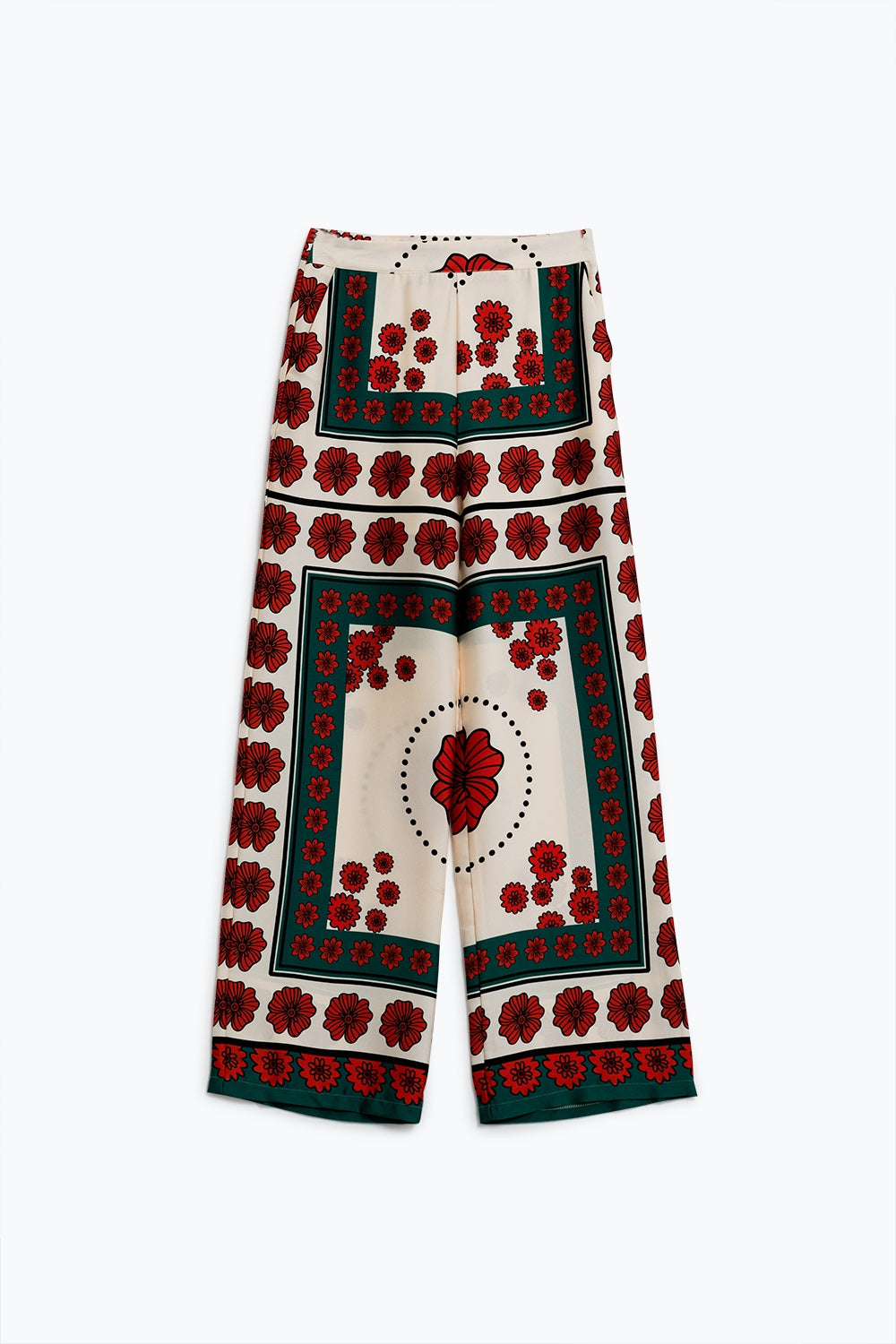 Pantalon évasé crème à motifs floraux