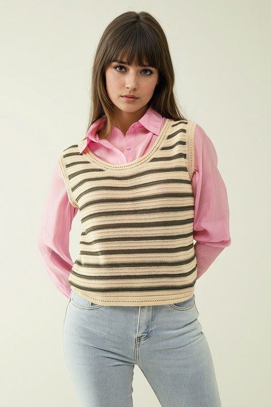 Top en tricot sans manches de couleur crème avec des rayures khaki