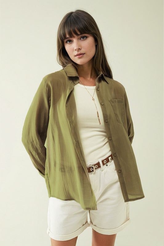 Chemise Kahki à manches longues avec une poche sur la poitrine