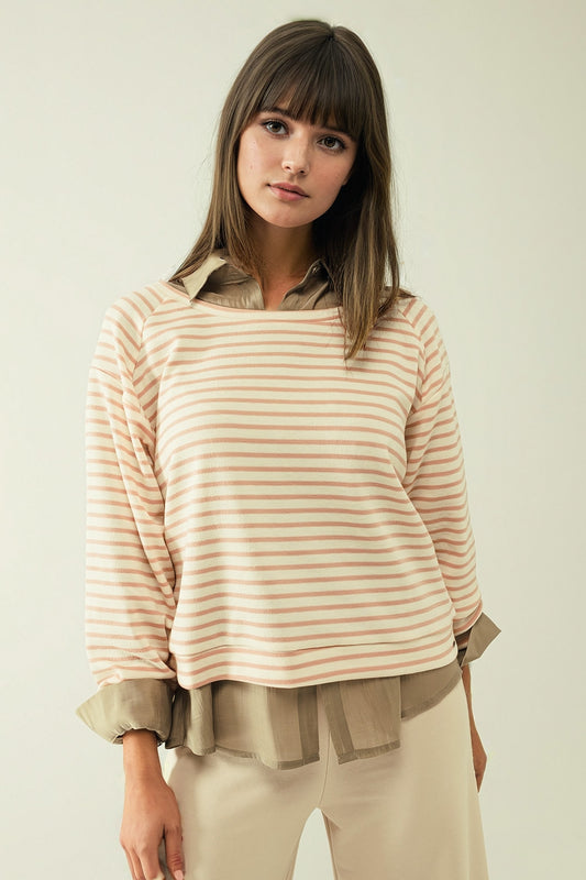 Pull blanc à manches longues rayures roses et col bateau