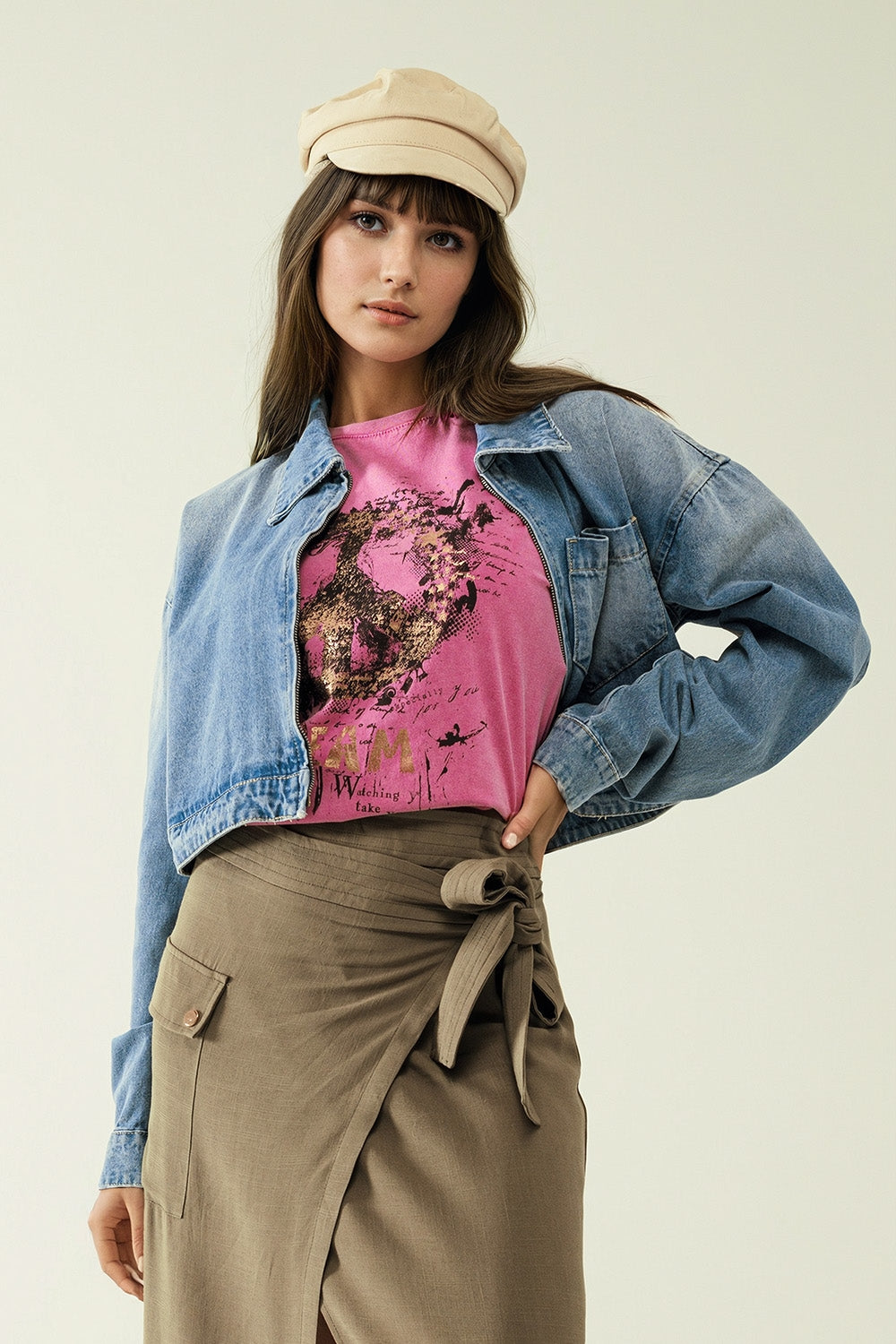 T-shirt à manches courtes avec motif graphique Peace Sign sur le devant en fuchsia